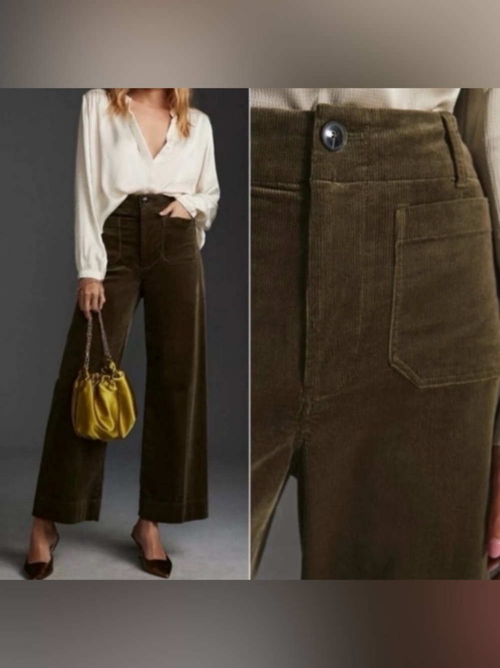 Anthropologie Maeve Colette Corduroy Crop Wide Leg Olive Green  Pants Size 28